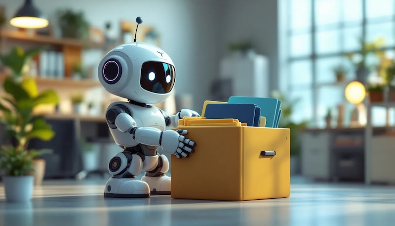 A robot fix chat gpt memory holding filing boxes